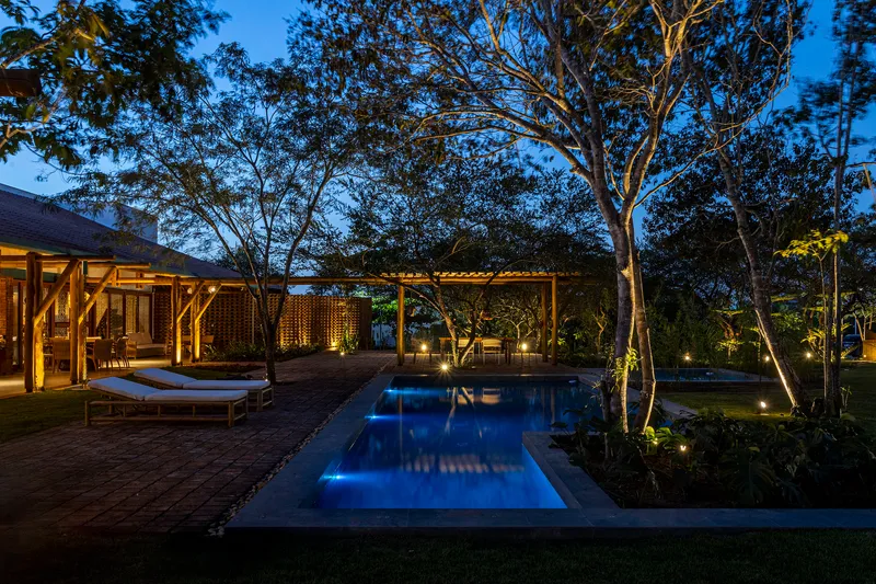 Illuminated pool and terrace surrounded by mature trees and planted beds at blue hour