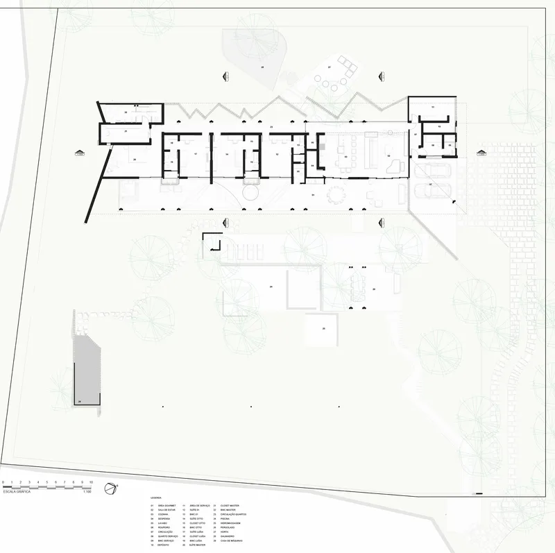 Floor plan drawing showing linear arrangement of rooms with zigzag roof and pool terrace