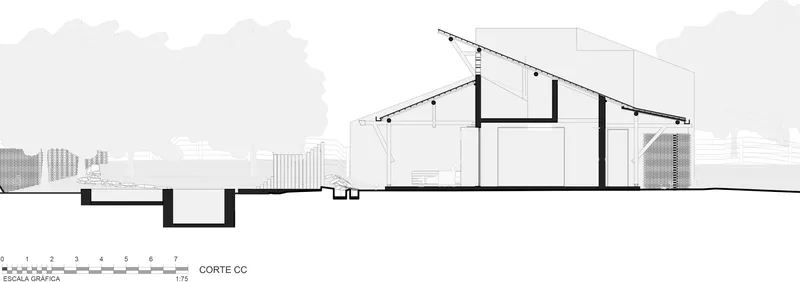 Section drawing revealing sloping rooflines over interior volumes with trees in silhouette