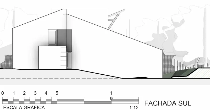 Elevation drawing of the south facade with angular roofline and textured wall elements