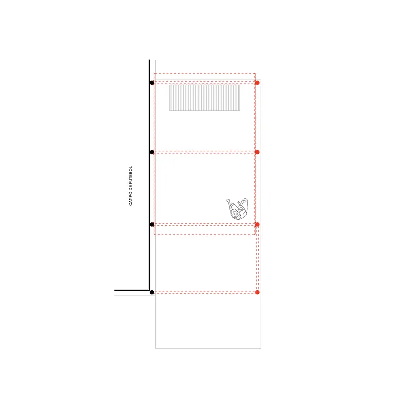 Section drawing showing a three-level vertical structure with a courtyard and a person figure at middle level