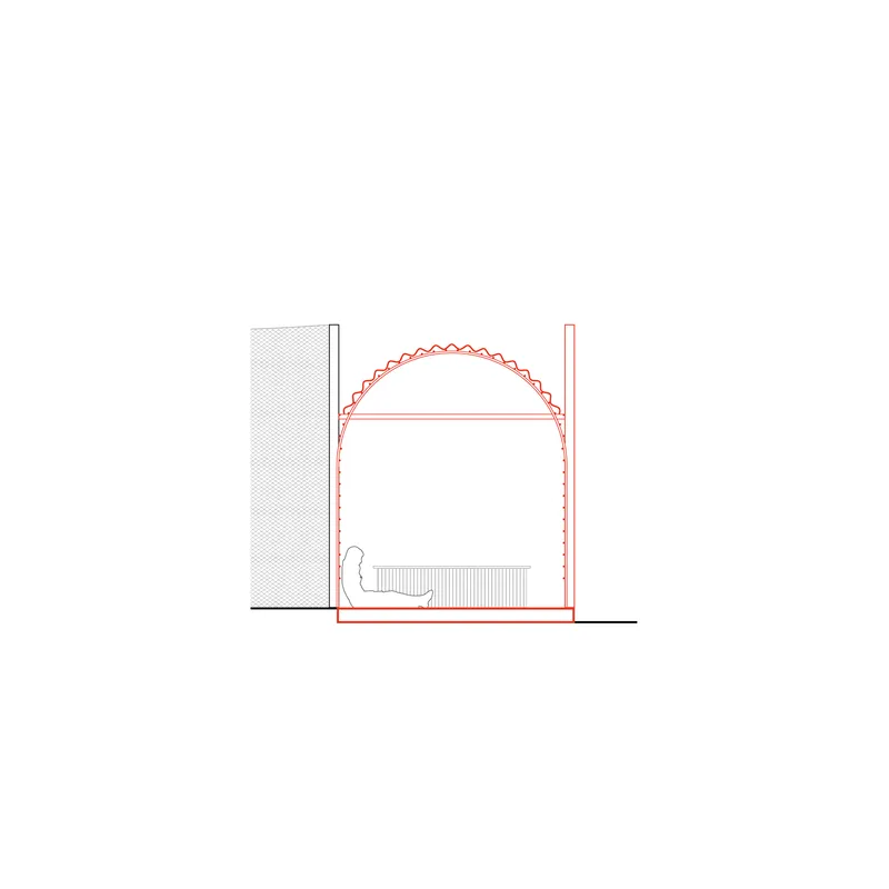 Section drawing showing an arched vault interior with a seated figure and adjacent wall