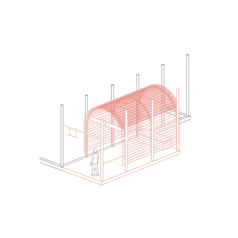 Axonometric drawing showing a barrel-vaulted pavilion with vertical posts and a standing figure