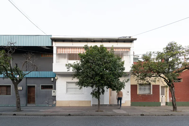 Street view of painted brick facades with metal security grilles and street trees in daylight
