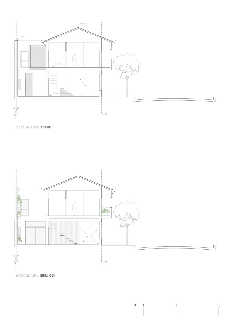 Section drawings comparing existing and proposed two-story structures with gabled roof and adjacent tree
