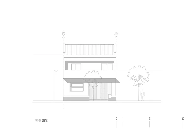 Front elevation drawing showing a three-story facade with canopy overhang and flanking trees