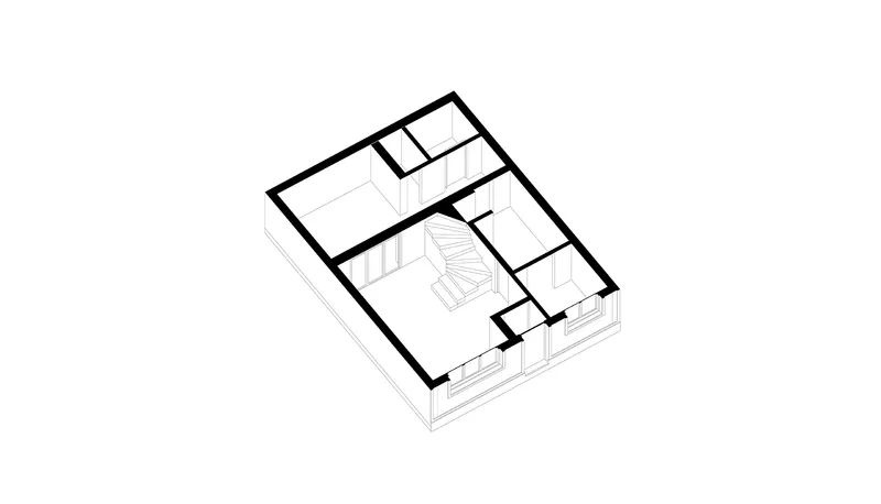 Axonometric drawing of upper level showing central stairwell and three enclosed rooms