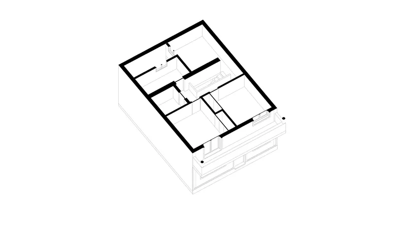 Axonometric drawing of upper level showing four rooms arranged around central stairwell and hallway