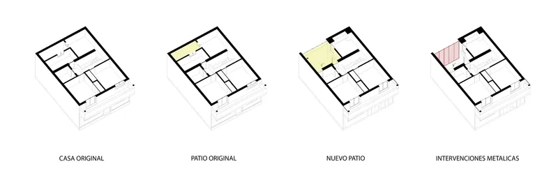 Axonometric diagram sequence showing courtyard transformation from original condition to new patio with metallic interventions
