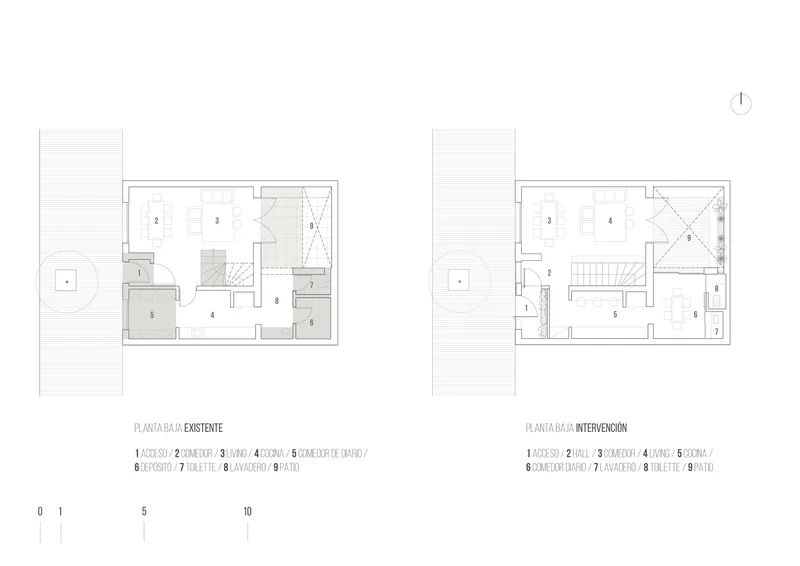 Lower level floor plans comparing existing layout with proposed intervention including new staircase placement