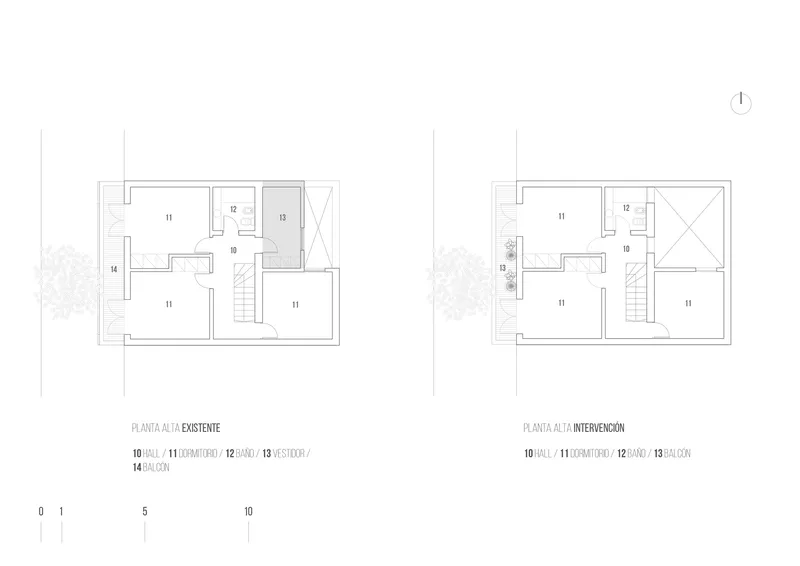 Upper level floor plans showing existing and proposed configurations with central stairwell and room divisions