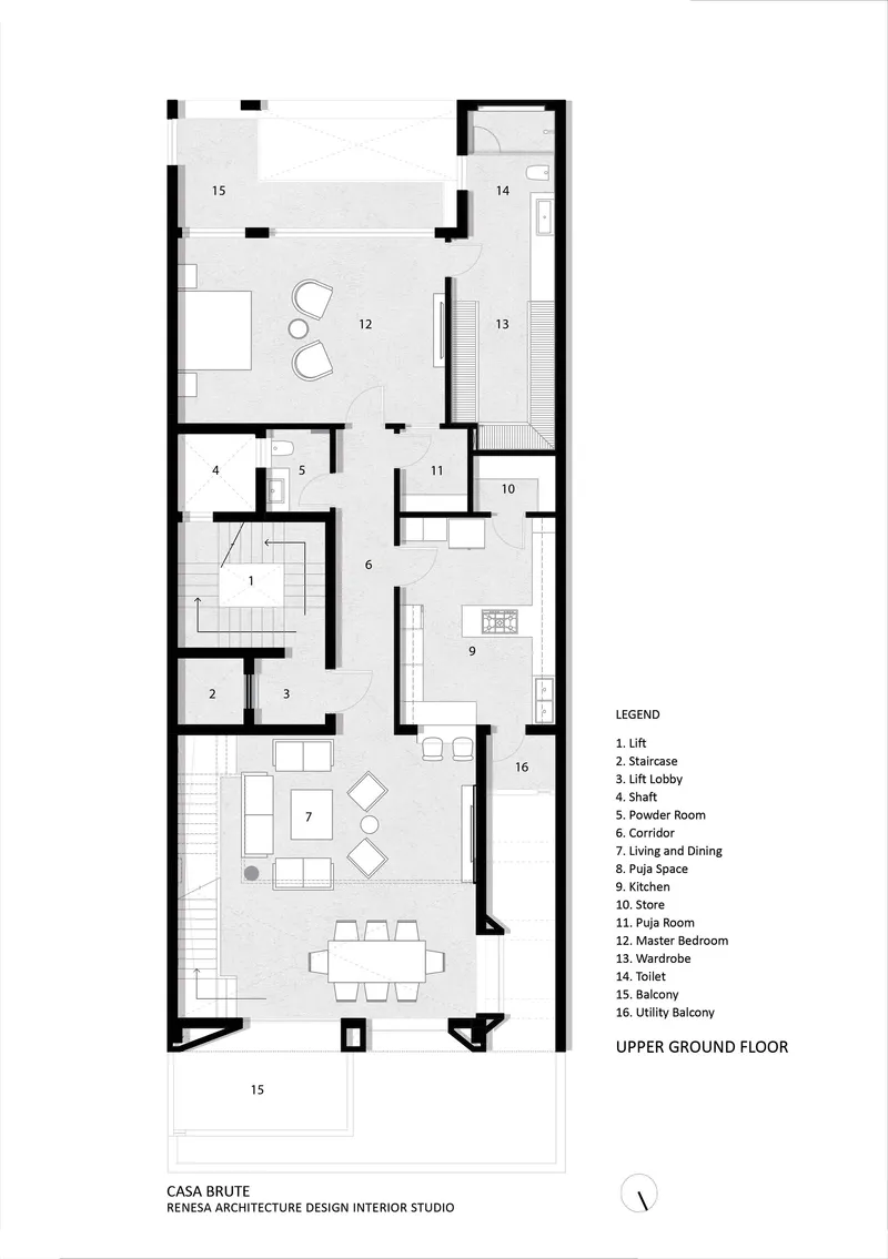 Upper ground floor plan showing living and dining areas, kitchen, bedrooms, and central corridor