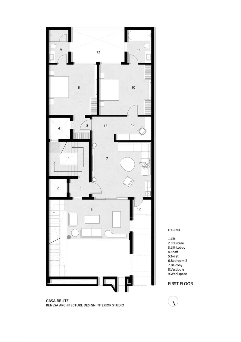 First floor plan showing two bedrooms with ensuite bathrooms and a central balcony space