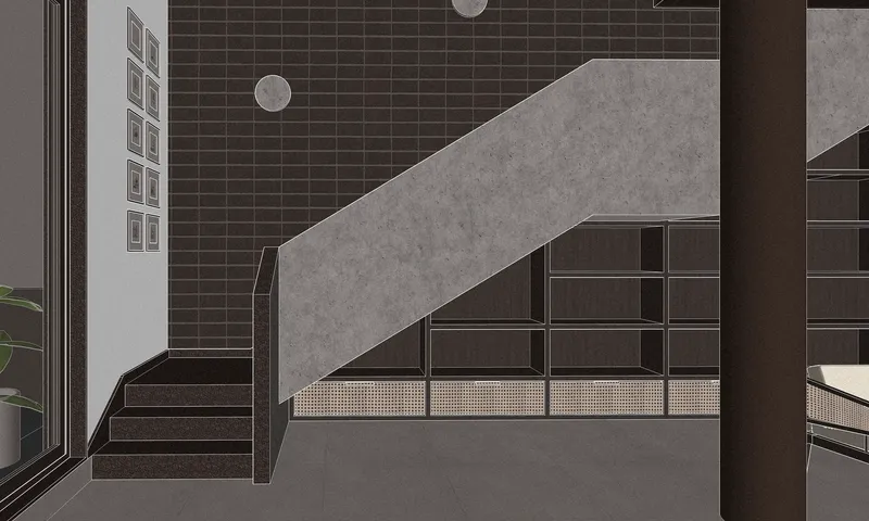 Perspective section drawing showing a concrete staircase ascending past dark tiled walls and metal railings