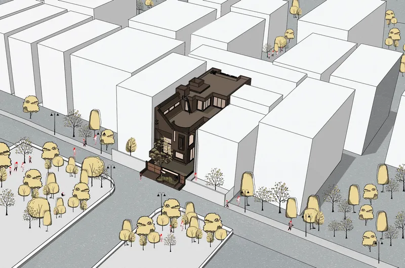 Axonometric site drawing showing a dark townhouse volume inserted among white surrounding blocks with street trees