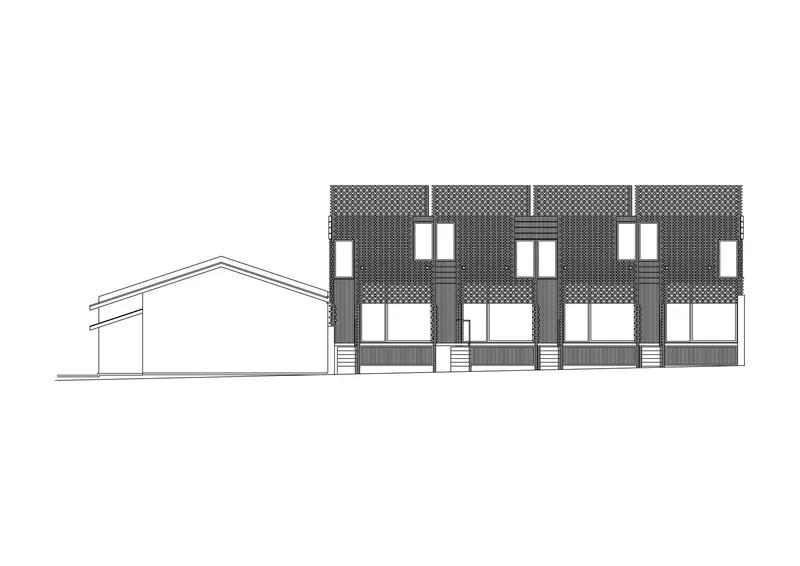 Elevation drawing showing a low-pitched roof structure beside four townhouse units with patterned cladding