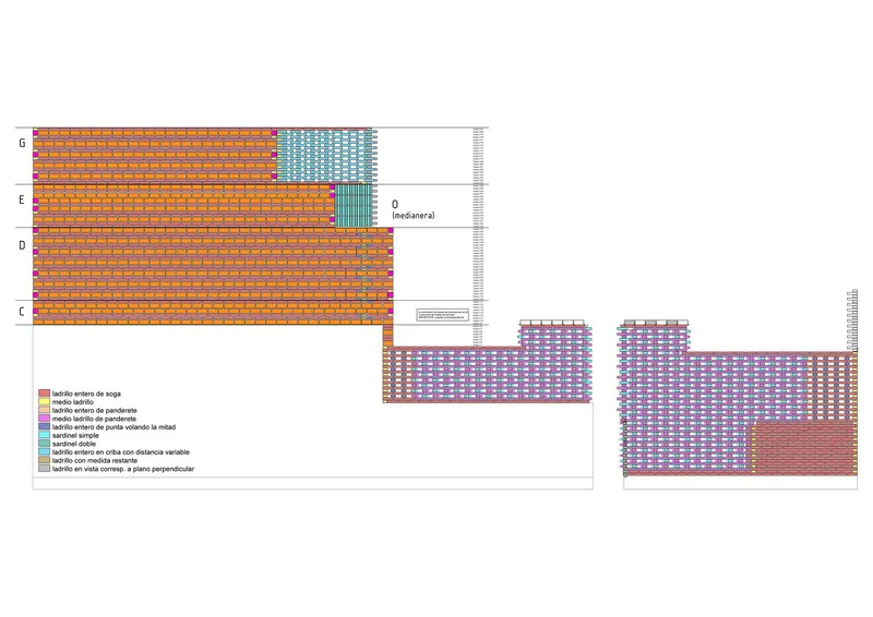 Brick pattern diagram illustrating varied laying techniques with color-coded legend and sample facade sections