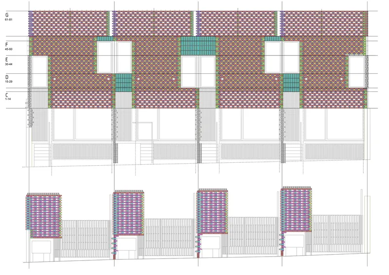 Elevation drawing of four townhouse facades with patterned brick and staggered window openings at multiple levels