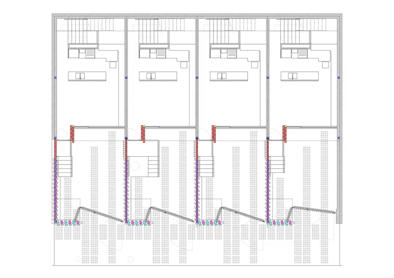 Floor plan showing four mirrored units with upper living spaces and lower entries accessed by angled stairs