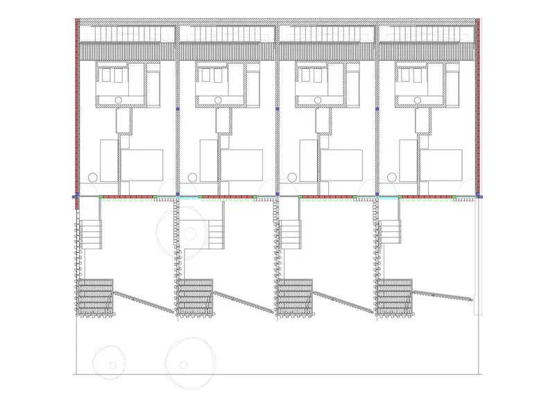 Floor plan showing four units with upper bedrooms and lower living spaces connected by internal staircases