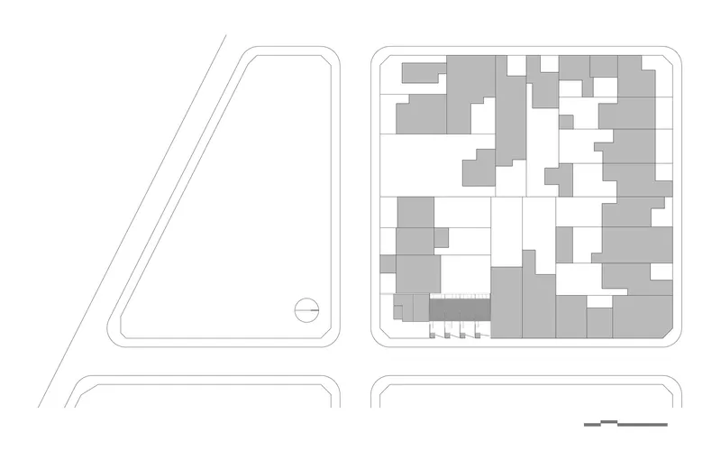 Site plan drawing showing the building footprint within the surrounding urban block