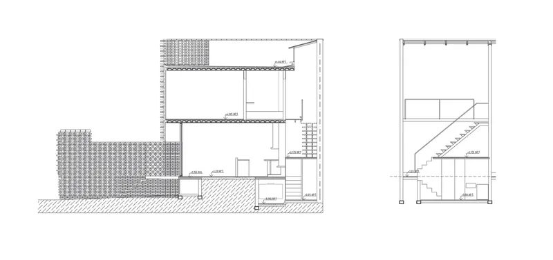 Section drawing showing the split-level interior with staircase and tiled terrace alongside an elevation view