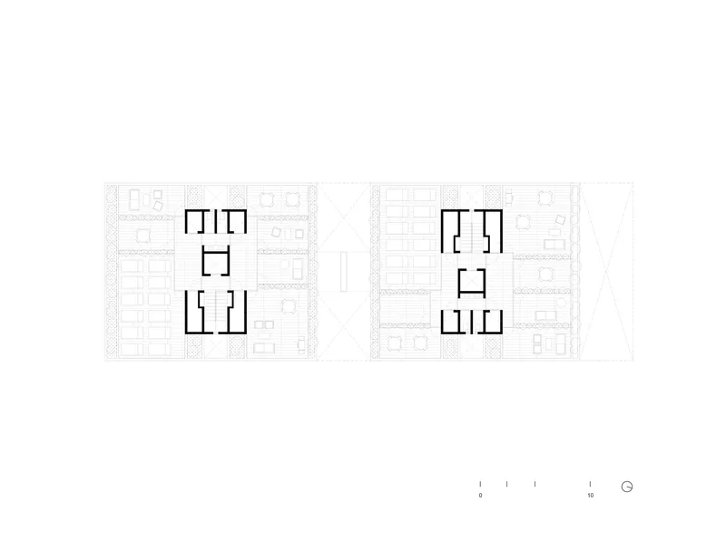 Floor plan drawing showing two building volumes with core circulation and surrounding planted terraces