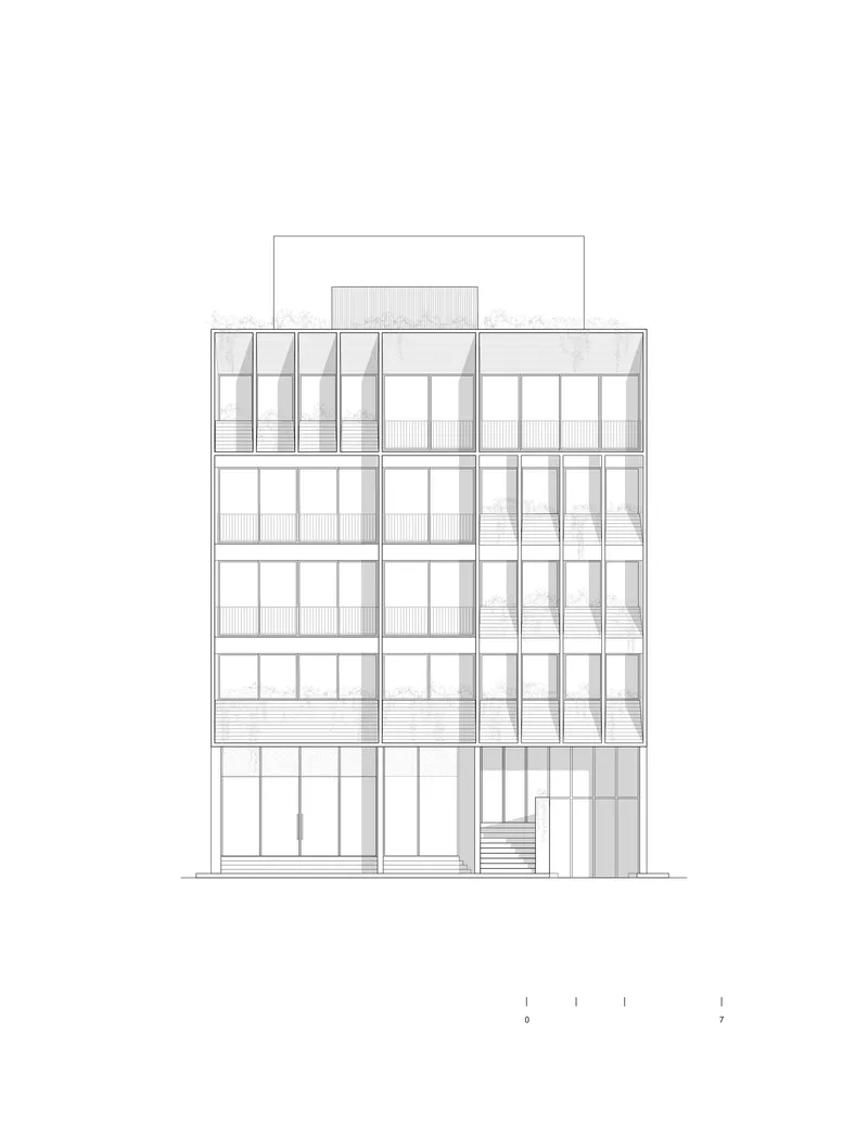 Elevation drawing showing five-storey facade with vertical window rhythms and varied panel infill