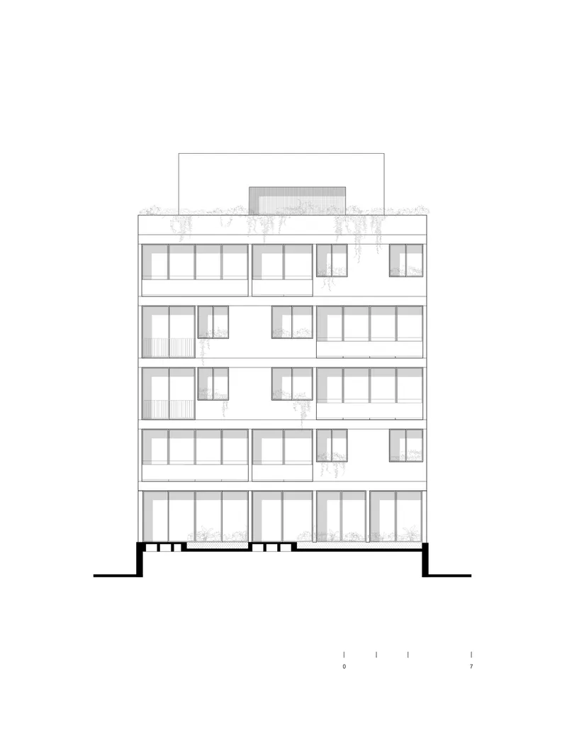 Elevation drawing of a five-story residential building with alternating balconies and planted rooftop terrace