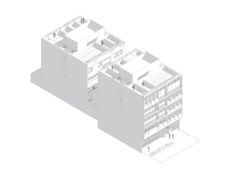 Axonometric drawing showing the stepped massing and rooftop terraces with figures and vegetation
