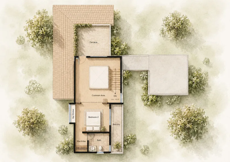 Upper floor plan drawing with terrace and common area surrounded by watercolor foliage and sky