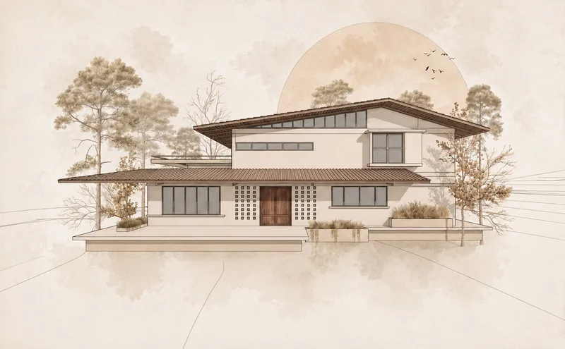 Elevation drawing showing two-story residence with overhanging roofs and lattice screens framed by trees