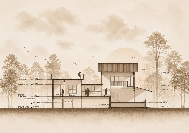 Section drawing showing split-level interior spaces with timber cladding and surrounding trees with birds overhead