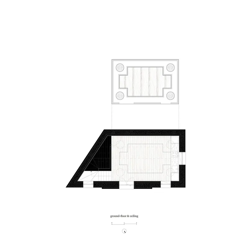Ground floor and ceiling plan drawings with central bathtub and circular planters at corners