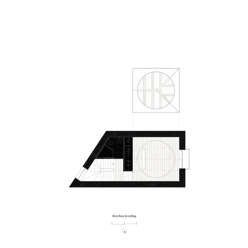Floor plan and ceiling detail drawing showing an angular volume with a circular central element and radiating timber beams