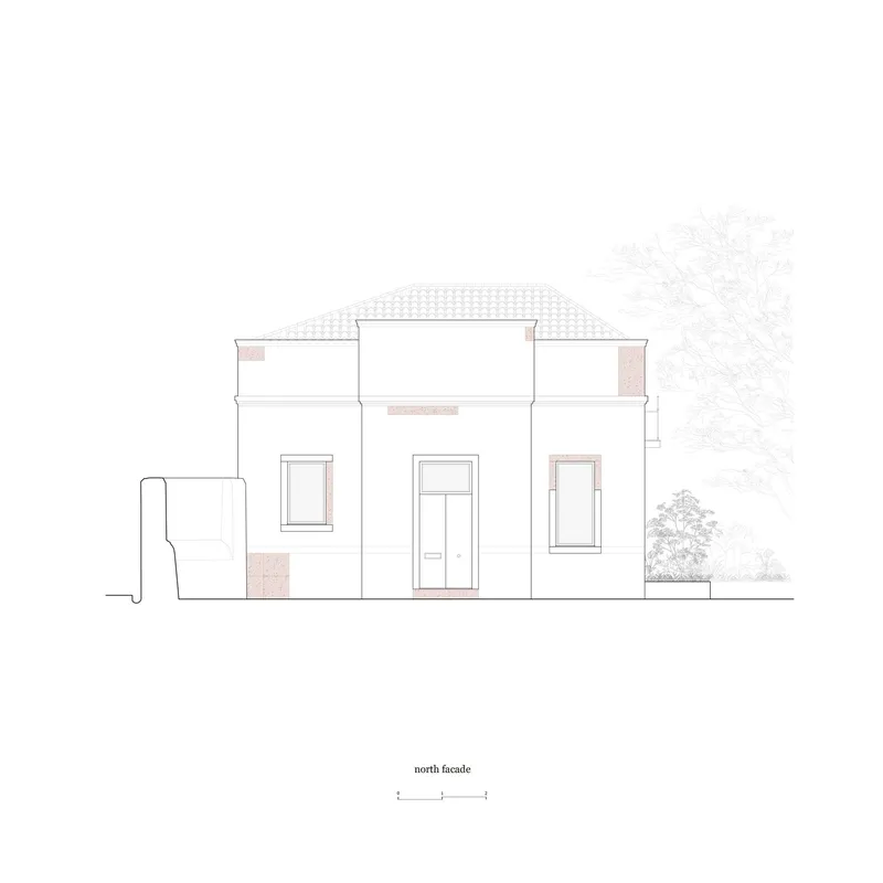 North facade elevation drawing showing a two-story house with tiled roof and flanking trees