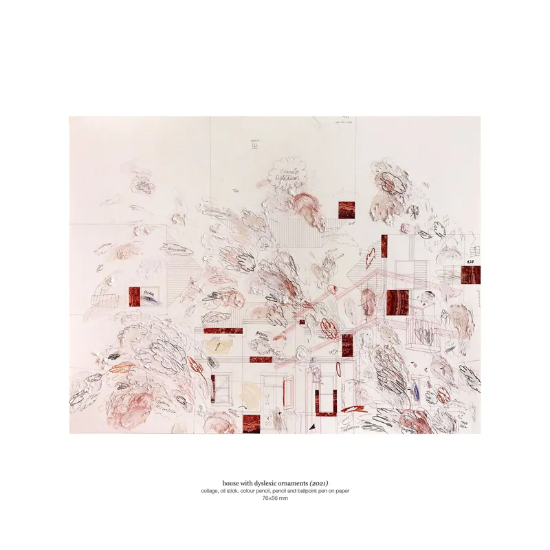 Collage drawing combining floor plan fragments with organic gestural sketches and red annotations on paper