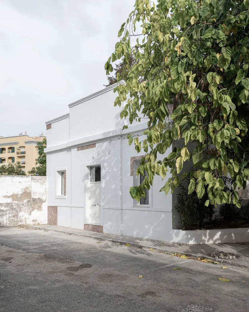 White plaster exterior with punched windows and overhanging tree branches casting dappled shadows