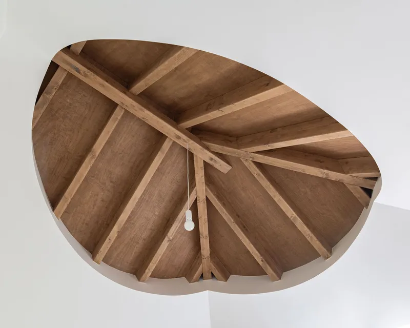 Looking up at the radial timber beam structure of a circular ceiling with a single pendant light