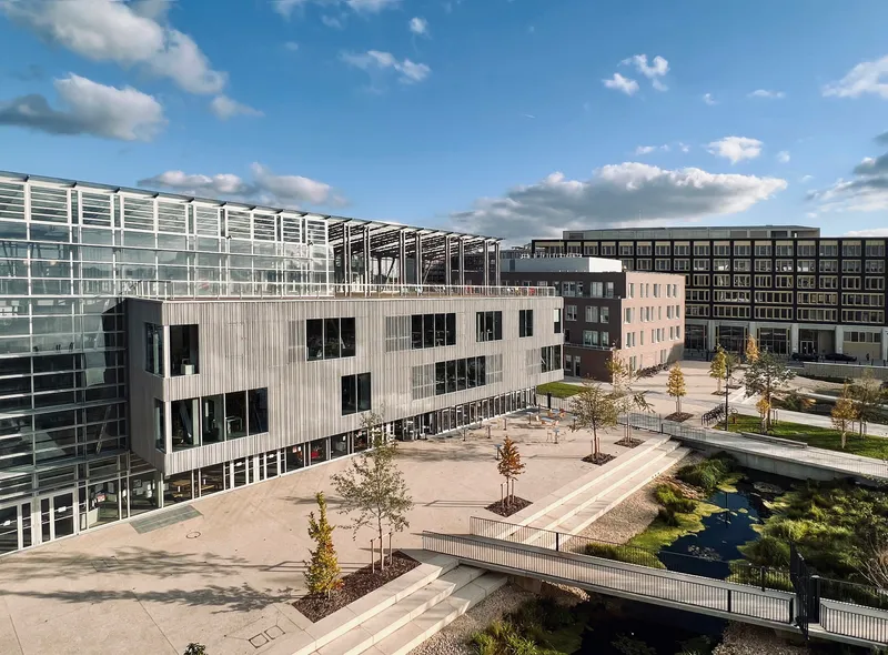 Elevated view of the central courtyard with stepped paving and young trees between multi-story buildings