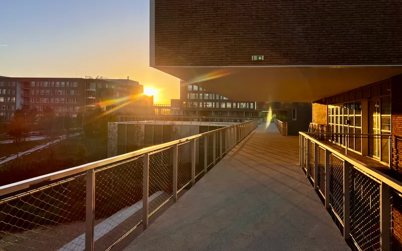 Rooftop walkway with mesh railings and planted beds at sunset beneath a cantilevered brick volume