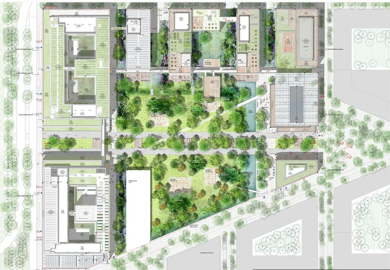Site plan drawing showing buildings arranged around a central green space with water features and tree plantings