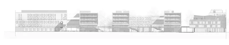 Elevation drawing showing a sequence of varied building heights and facade compositions along a linear street