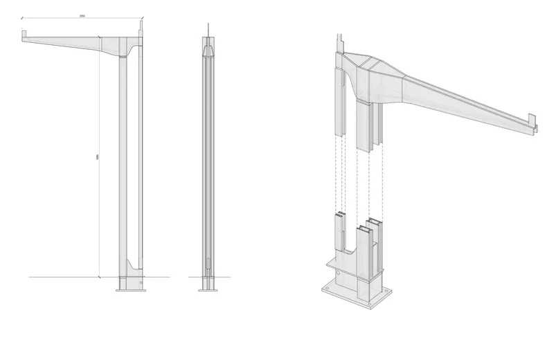 Technical detail drawings of cantilevered canopy supported by columns with vertical and perspective views
