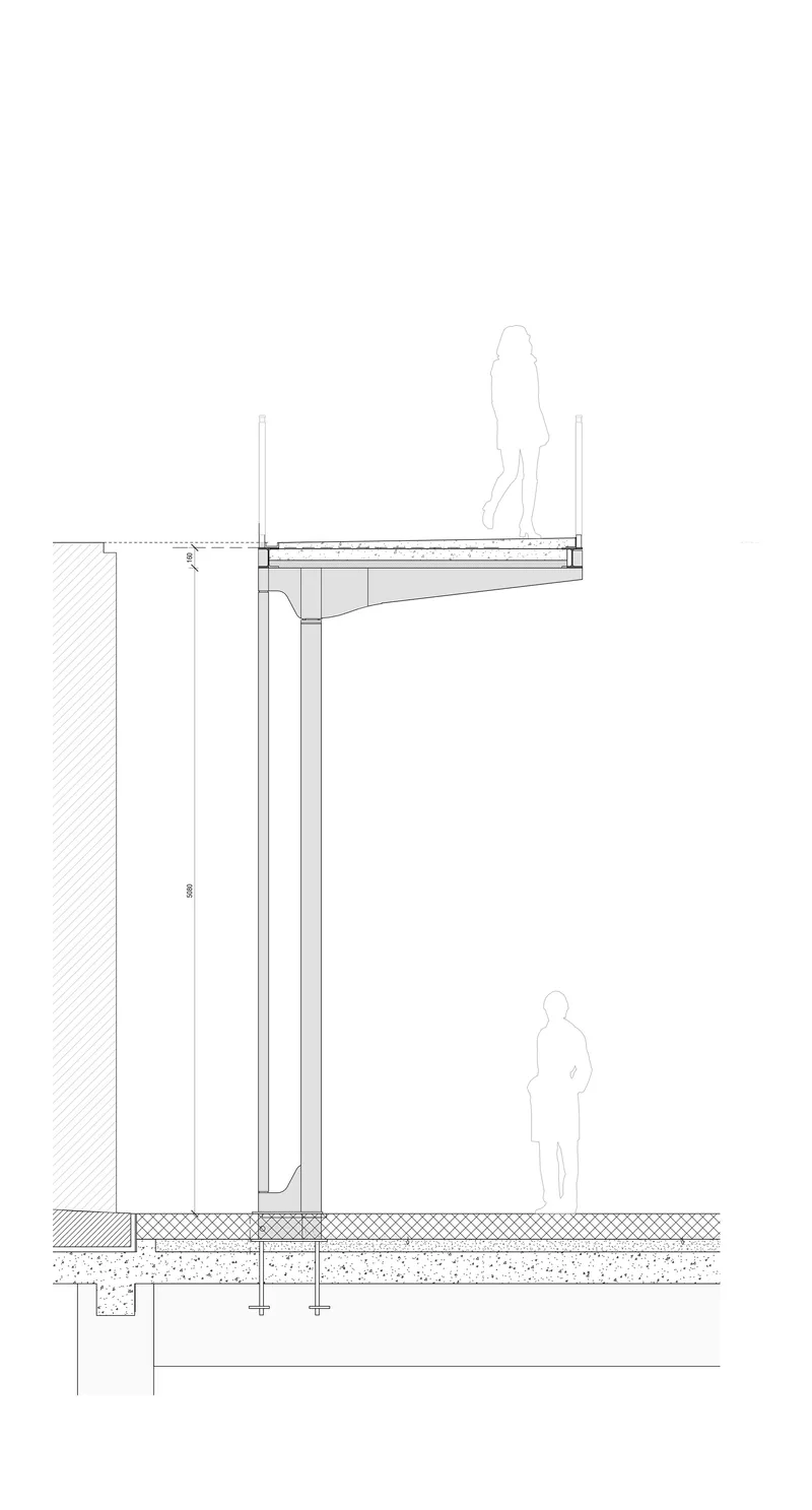 Wall section detail showing column, cantilevered platform and two human figures for scale