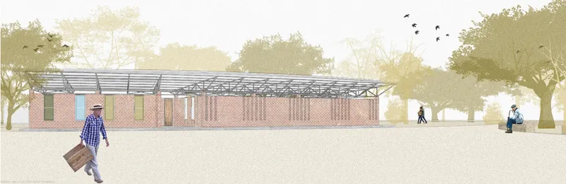 Brick walls, lightweight roofing, and surrounding greenery create a calm, sustainable environment for priests and visitors.