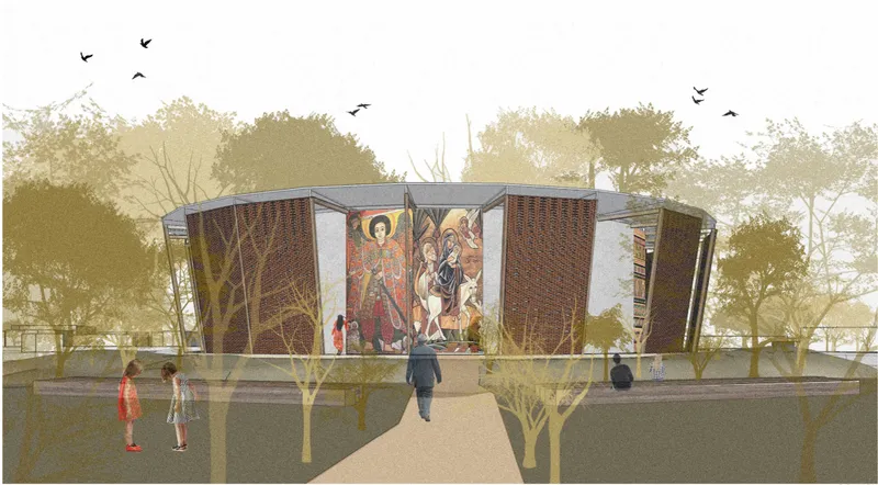 The chapel stands within a sacred green setting, framed by trees, brick screens, and Orthodox iconography.
