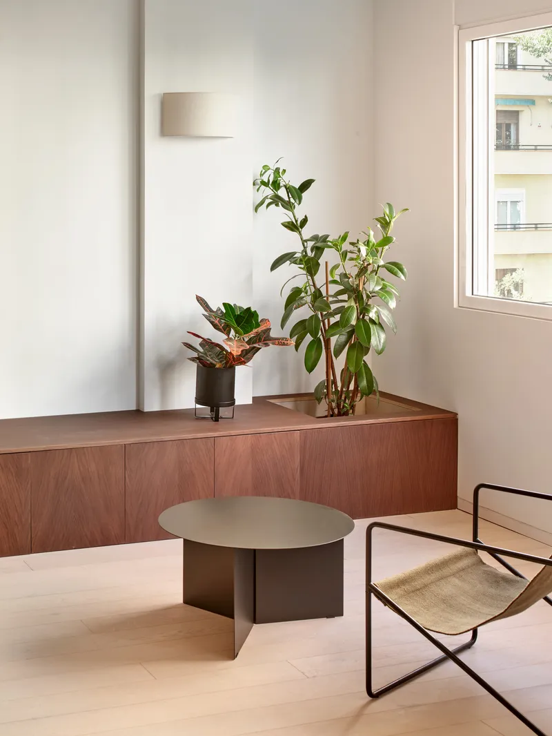 Curved wood sideboard with potted plants beside a window overlooking neighboring apartment buildings