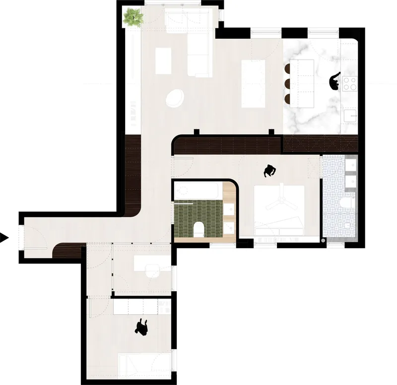 Floor plan drawing showing an open living area with kitchen and private zones below