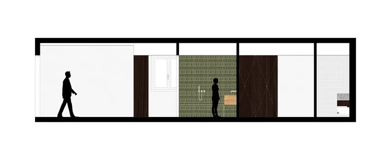 Section drawing depicting circulation through rooms with green tile and walnut millwork with figures